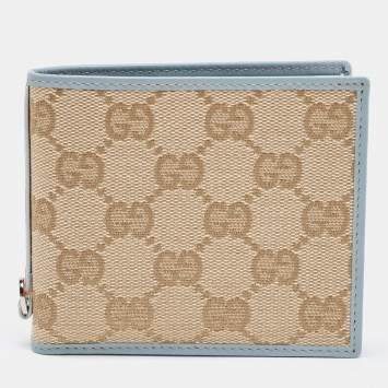 Pre Owned Gucci Beige/Blue GG Canvas and Leather Bifold Wallet