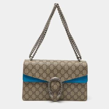 Pre Owned Gucci Beige/Blue GG Supreme Canvas and Suede Small Dionysus Shoulder Bag