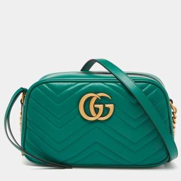Pre Owned Gucci Green Matelassé Leather Small GG Marmont Camera Crossbody Bag