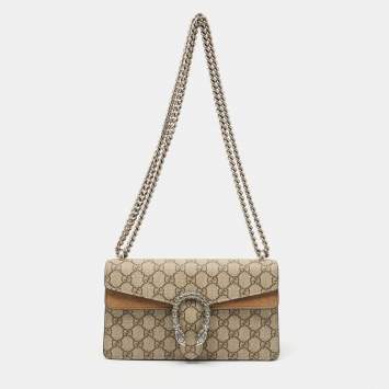 Pre Owned Gucci Beige GG Supreme Canvas and Suede Small Rectangular Dionysus Shoulder Bag