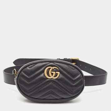 Pre Owned Gucci Black Matelassé Leather GG Marmont Belt Bag