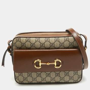 Pre Owned Gucci Beige/Brown GG Supreme Canvas and Leather Small Horsebit 1955 Shoulder Bag