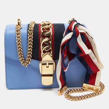 Pre Owned Gucci Light Blue Leather Mini Web Sylvie Chain Shoulder Bag