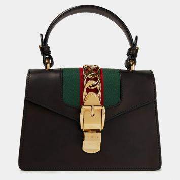 Pre Owned Gucci Black Leather Mini Web Chain Sylvie Top Handle Bag
