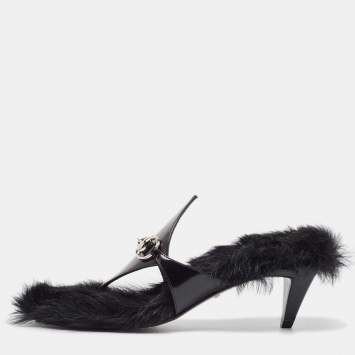 Pre Owned Gucci Black Leather and Faux Fur Mariame Sandals Size 38