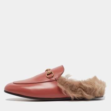 Pre Owned Gucci Pink Leather Fur Lined Princetown Flat Mules Size 37
