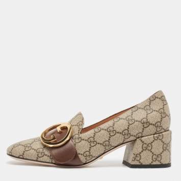 Pre Owned Gucci Grey/Brown Canvas and Leather Blondie Block Heel Pumps Size 37.5