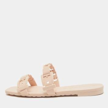 Pre Owned Gucci Pink Rubber Chain Detail Flat Slides Size 38