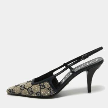 Pre Owned Gucci Navy Blue/Cream GG Canvas and Leather Slingback Pumps Size 36.5