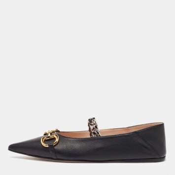 Pre Owned Gucci Black Leather Deva Horesebit Chain Link Ballet Flats Size 40