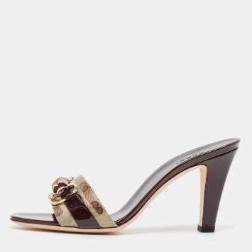 Pre Owned Gucci Beige Canvas Patent Leather Slide Sandals Size 39