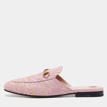 Pre Owned Gucci Pink/Beige Lace and Leather Princetown Flat Mules Size 40