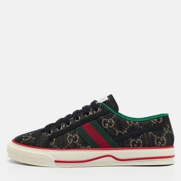 Pre Owned Gucci Black/Cream Denim Tennis 1977 Lace Up Sneakers Size 37