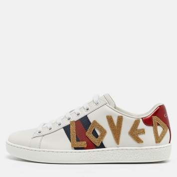 Pre Owned Gucci White Leather Ace Loved Lace Up Sneakers Size 36
