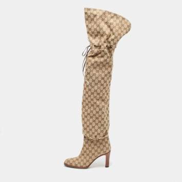 Pre Owned Gucci Beige/Brown GG Canvas Lisa Thigh High Boots Size 39.5