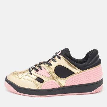 Pre Owned Gucci Gold/Black Leather and Neoprene Basket Sneakers Size 37