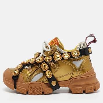 Pre Owned Gucci Gold Leather and Mesh Flashtrek Sneakers Size 35
