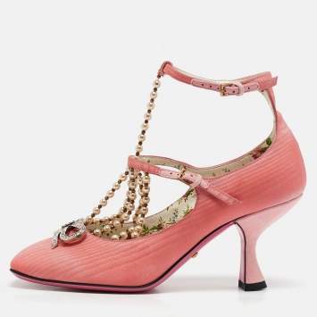 Pre Owned Gucci Pink Fabric Pearl Embellished T-Strap Pumps Size 35