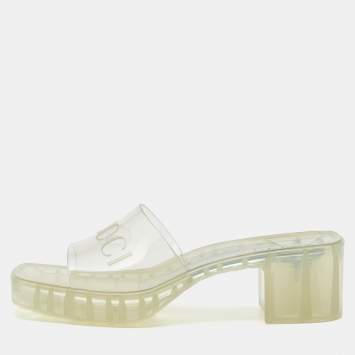 Pre Owned Gucci Transparent Rubber Embossed Logo Slide Sandals Size 39