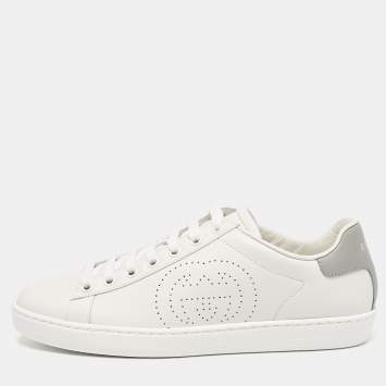 Pre Owned Gucci White Perforated Interlocking G Leather Ace Sneakers Size 38