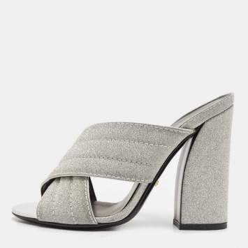Pre Owned Gucci Silver Glitter Webby Criss Cross Slide Sandals Size 37.5