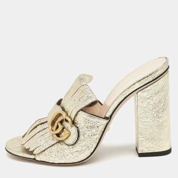 Pre Owned Gucci Gold Leather GG Marmont Slide  Sandals Size 39