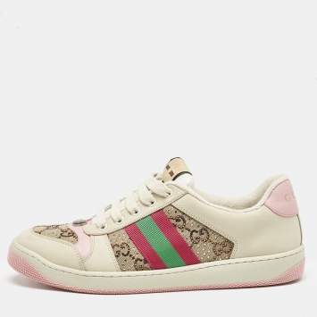 Pre Owned Gucci Multicolor Nubuck Leather and Crystal GG Canvas Screener Sneakers Size 41.5