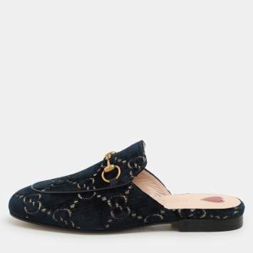 Pre Owned Gucci Blue/Gold GG Velvet Princetown Horsebit Flat Mules Size 34.5