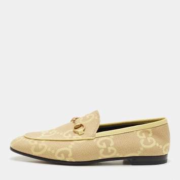 Pre Owned Gucci Green Jacquard and Velvet Jordaan Smoking Slippers Size 37.5