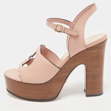 Pre Owned Gucci Pink Leather Interlocking G Platform Ankle Strap Sandals Size 39