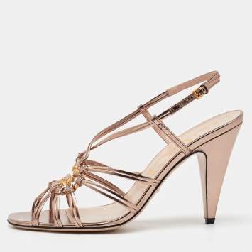 Gucci Metallic Leather GG Crystal Embellishment Strappy Slingback Sandals Size 39.5