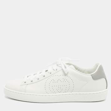 Pre Owned Gucci White Perforated Interlocking G Leather Ace Sneakers Size 35