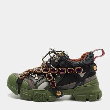 Pre Owned Gucci Multicolor Mesh and Leather Flashtrek Sneakers Size 38.5