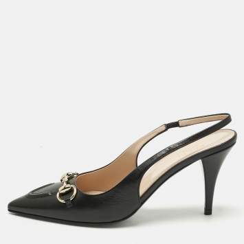 Pre Owned Gucci Black Leather Horsebit Slingback Pumps Size 37.5