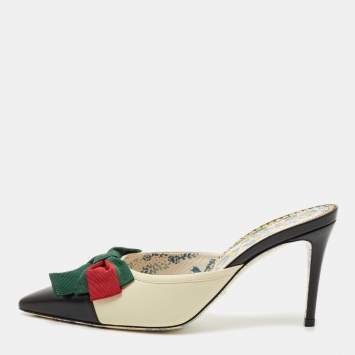 Pre Owned Gucci Cream/Black Leather Web Bow Pointed-Toe Mules Size 38.5