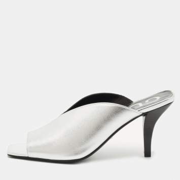 Pre Owned Gucci Silver Leather Square G Mules Size 35.5