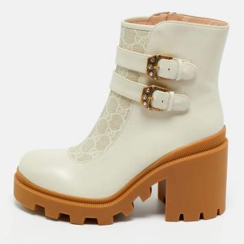 Pre Owned Gucci Off White Leather and GG Supreme Canvas Kensington Ankle Boots Size 42