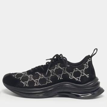 Pre Owned Gucci Black GG Crystal Mesh and Suede Run Sneakers Size 40