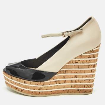 Pre Owned Gucci Beige Patent Leather Cork Wedge Pumps Size 36.5