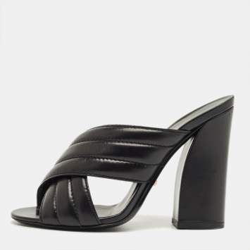 Pre Owned Gucci Black Quilted Leather Webby Slide Sandals Size 38