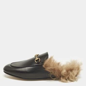 مملوكة مسبقًا Gucci Princetown Size 40.5 Black Fur and Leather Mules
