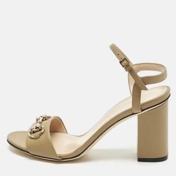 Pre Owned Gucci Claudie Size 37.5 Dark Beige Leather Ankle Strap Sandals