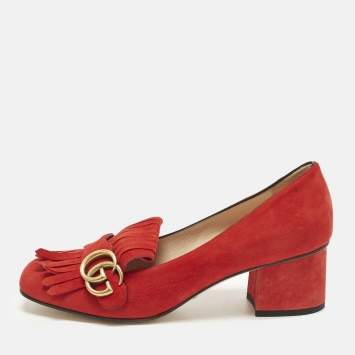 Pre Owned Gucci GG Marmont Size 38.5 Red Suede Fringe Block Heel Pumps