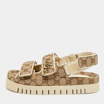 مملوكة مسبقًا Gucci Double G Size 37 Beige/Brown Canvas Slingback Sandals