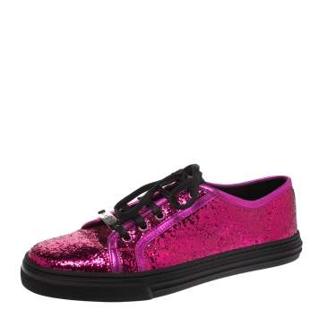 Pre Owned Gucci Metallic Pink Coarse Glitter And Leather Trim Low Top Sneakers Size 38