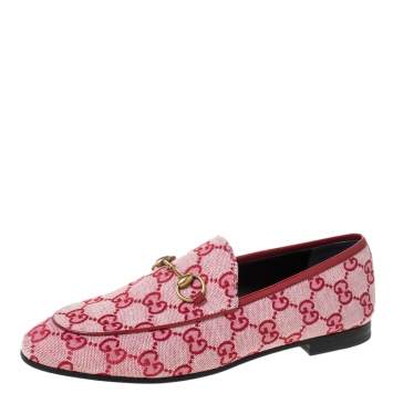 Pre Owned Gucci Red/Pink GG Canvas Horsebit Slip On Loafers Size 37.5