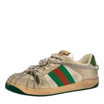 Pre Owned Gucci Off White Leather Screener Sneakers with Crystals Size 40