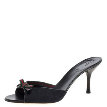 Pre Owned Gucci Black Canvas Web Bow Open Toe Sandals Size 39