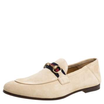 Pre Owned Gucci Beige Suede Web Horsebit Slip On Loafers Size 42