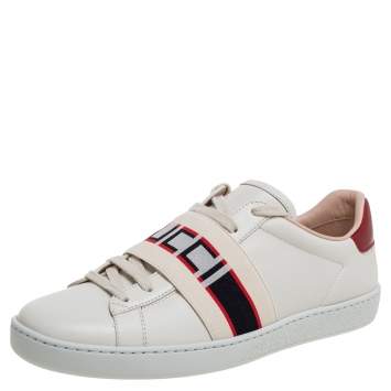 Pre Owned Gucci White/Red Leather Ace Gucci Band Low Top Sneakers Size 37